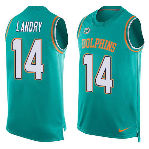 Men's Limited Jarvis Landry Nike Jersey Aqua Green - #14 Player Name & Number Tank Top NFL Miami Dolphins